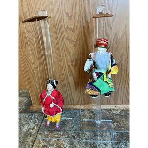 Vtg Pair Of Chinese Theater String Puppets Male & Female Wooden Paddle Control
